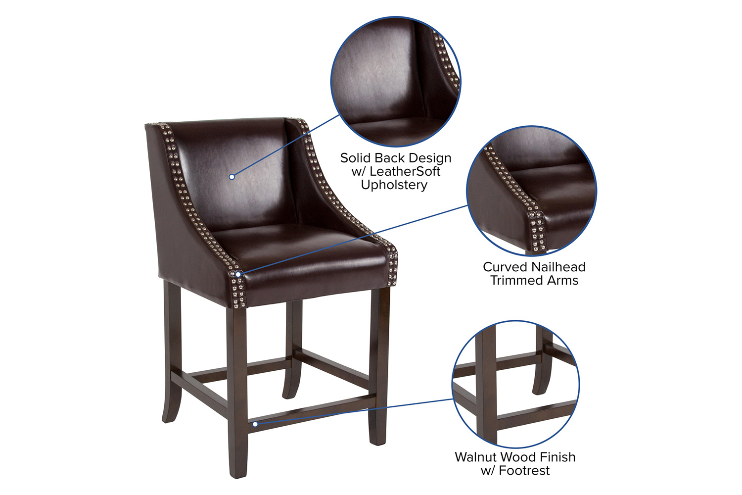 BLNK Carmel Series LeatherSoft Transitional Walnut Counter Height Stool with Nail Trim - Brown