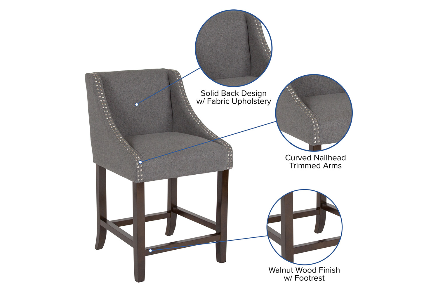 BLNK Carmel Series Fabric Transitional Walnut Counter Height Stool with Accent Nail Trim - Dark Gray
