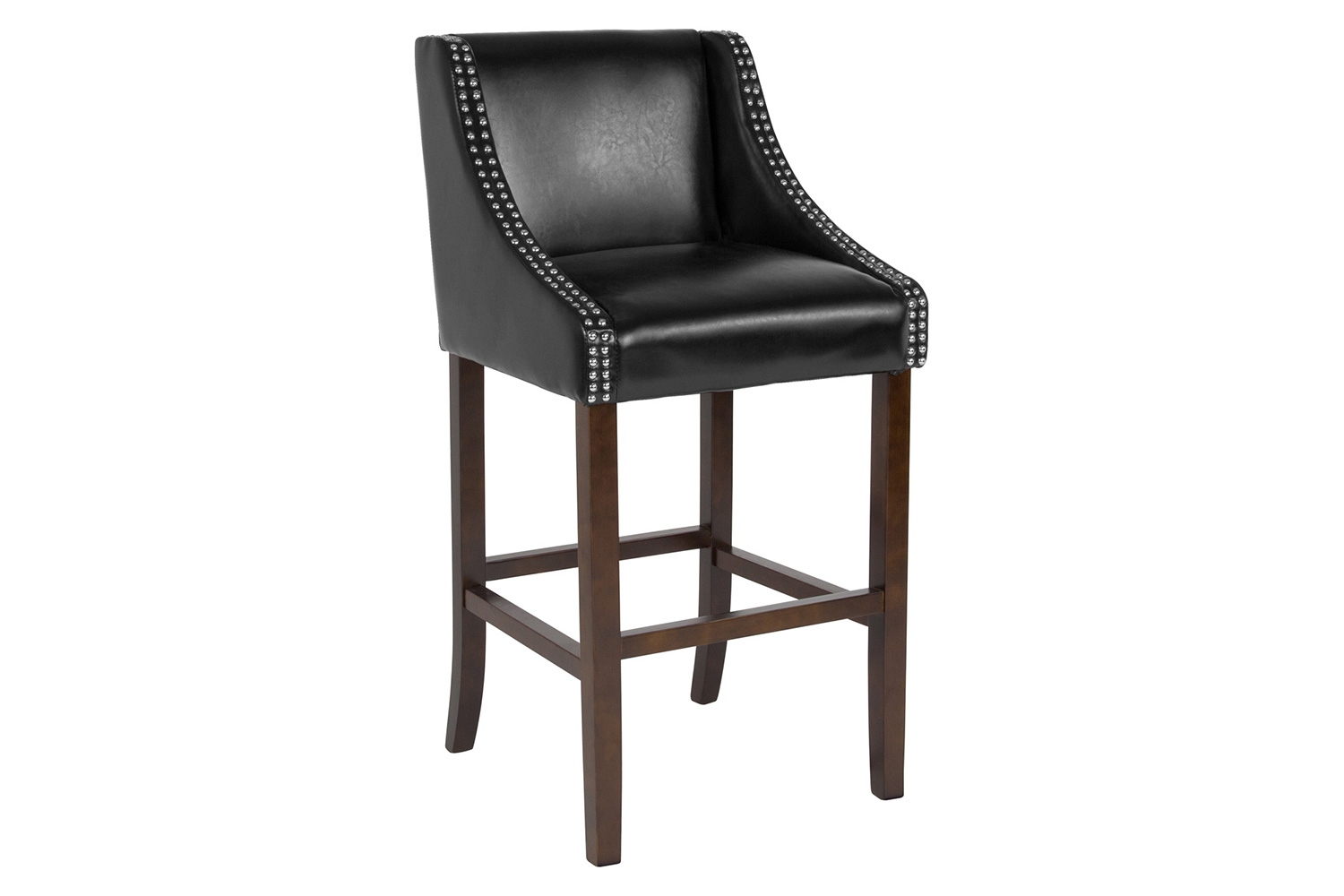 BLNK Carmel Series LeatherSoft Transitional Walnut Bar Stool with Accent Nail Trim - Black