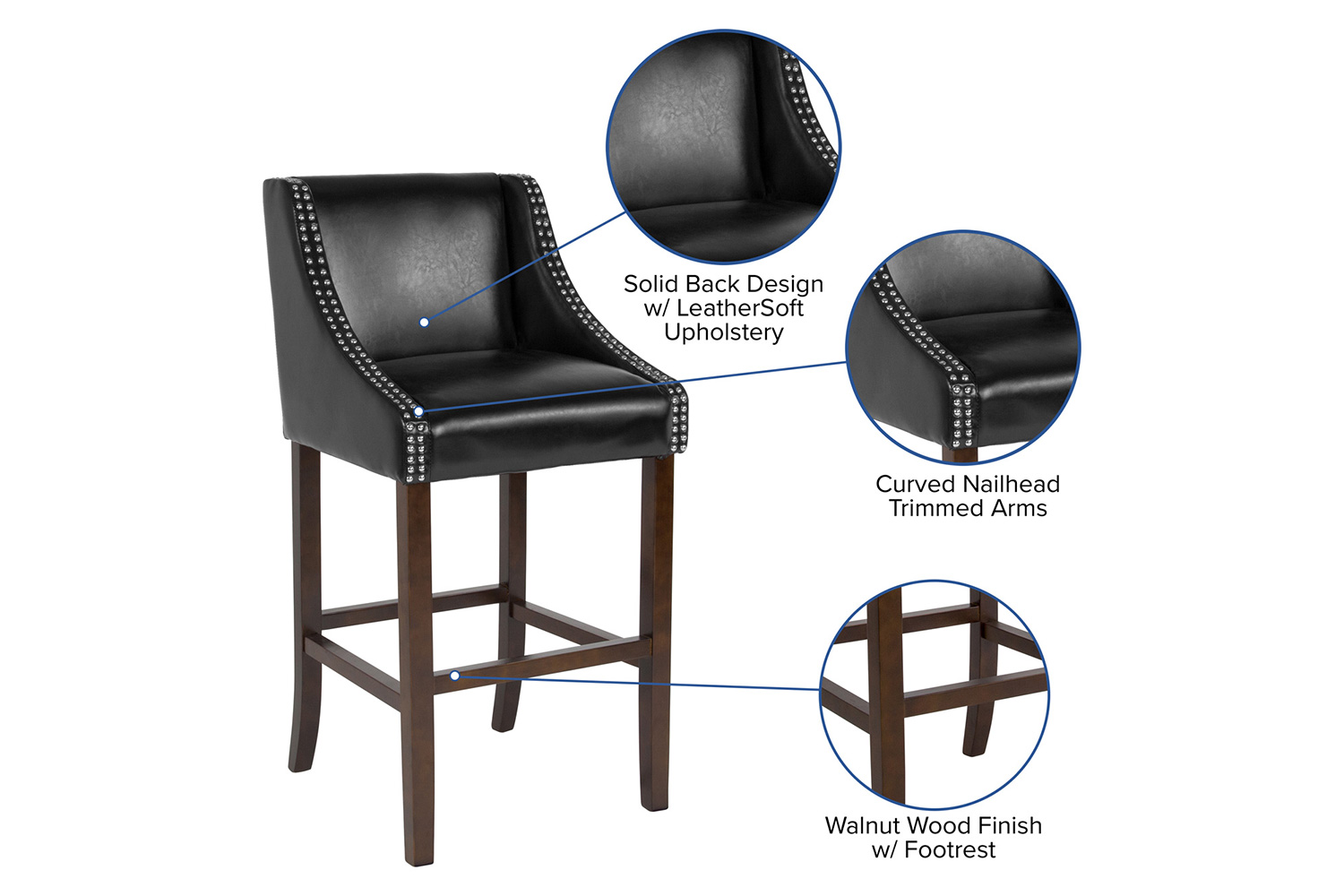 BLNK Carmel Series LeatherSoft Transitional Walnut Bar Stool with Accent Nail Trim - Black