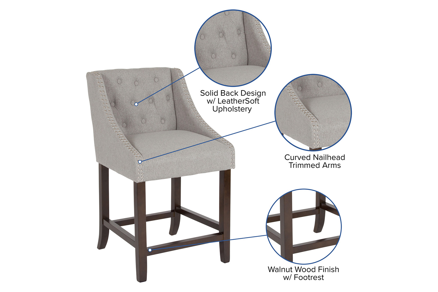 BLNK Carmel Series Fabric Transitional Tufted Walnut Counter Height Stool with Accent Nail Trim - Light Gray