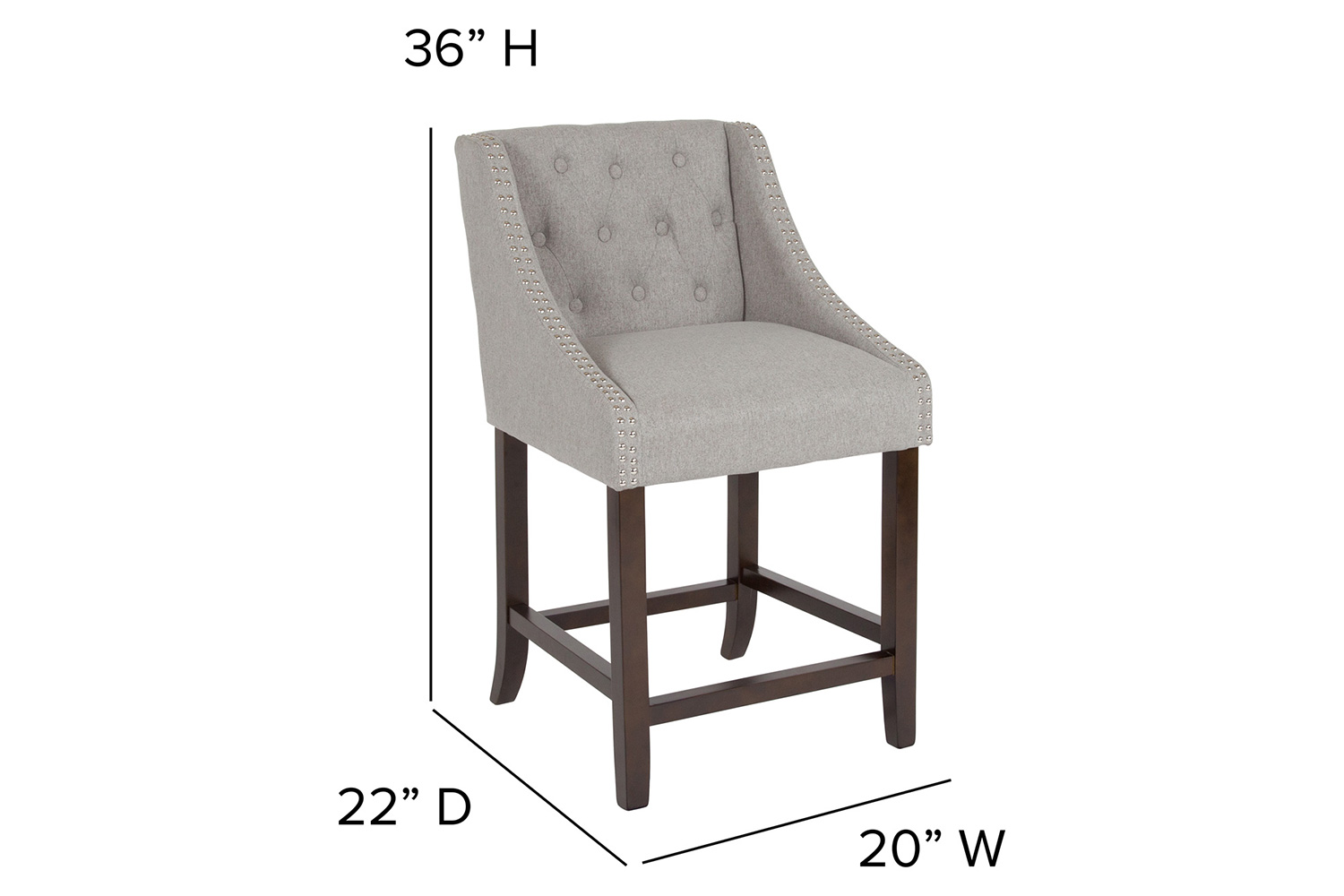 BLNK Carmel Series Fabric Transitional Tufted Walnut Counter Height Stool with Accent Nail Trim - Light Gray