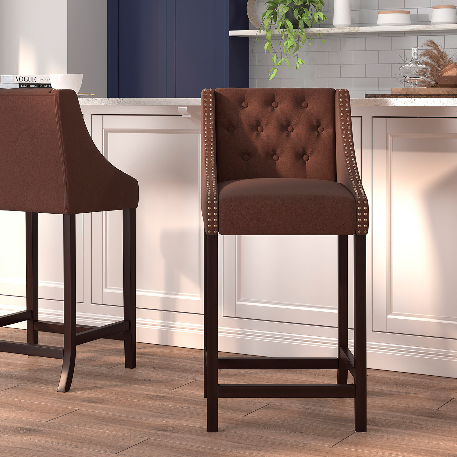 BLNK - Carmel Series Fabric Transitional Tufted Walnut Bar Stool with Accent Nail Trim