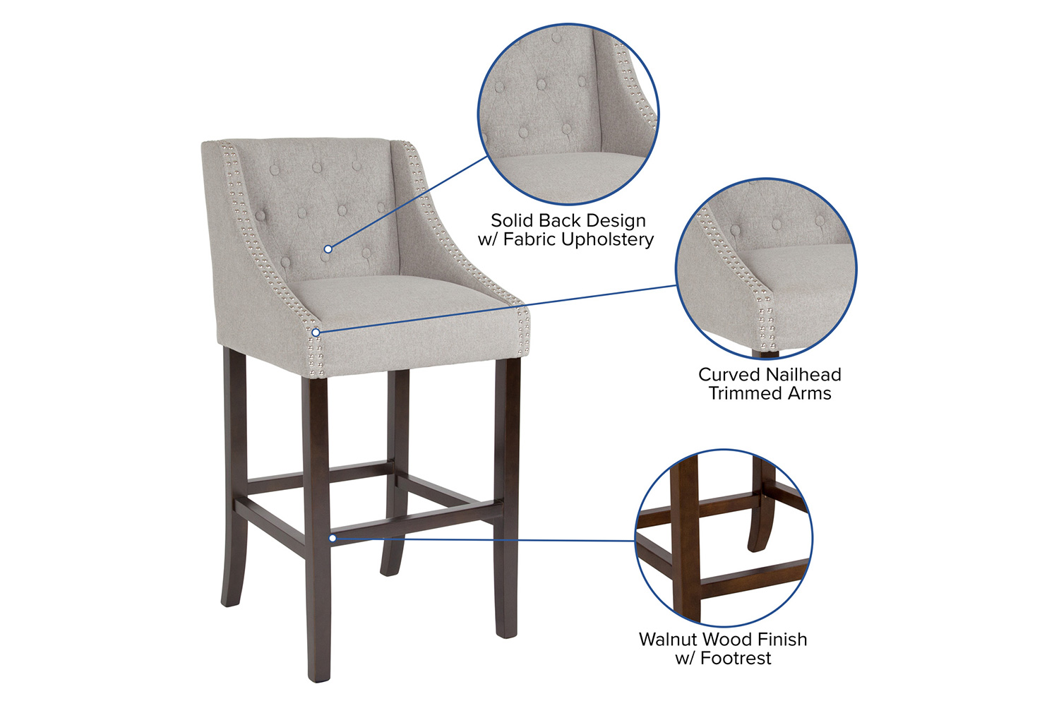 BLNK Carmel Series Fabric Transitional Tufted Walnut Bar Stool with Accent Nail Trim - Light Gray