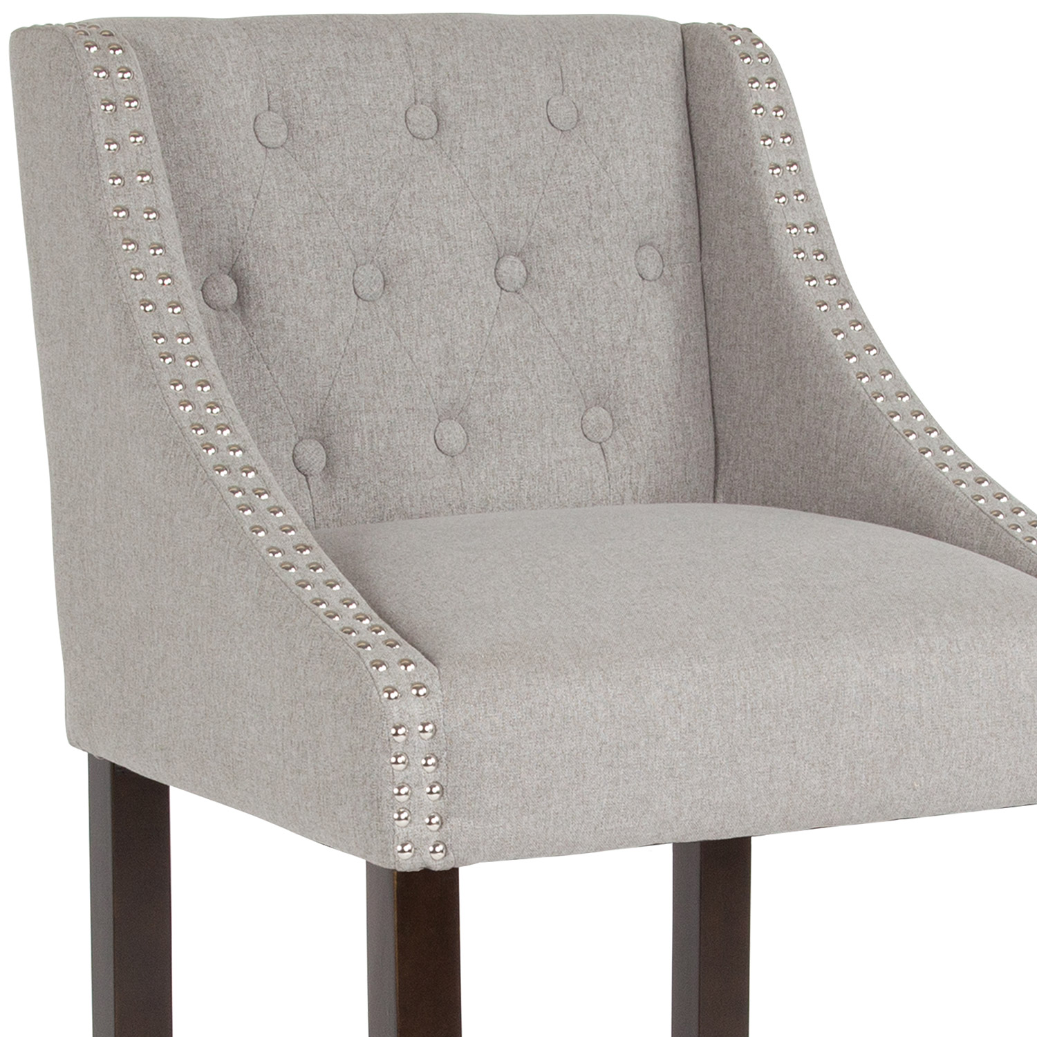 BLNK Carmel Series Fabric Transitional Tufted Walnut Bar Stool with Accent Nail Trim - Light Gray
