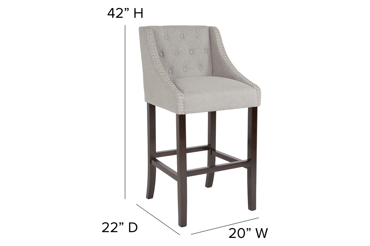 BLNK Carmel Series Fabric Transitional Tufted Walnut Bar Stool with Accent Nail Trim - Light Gray