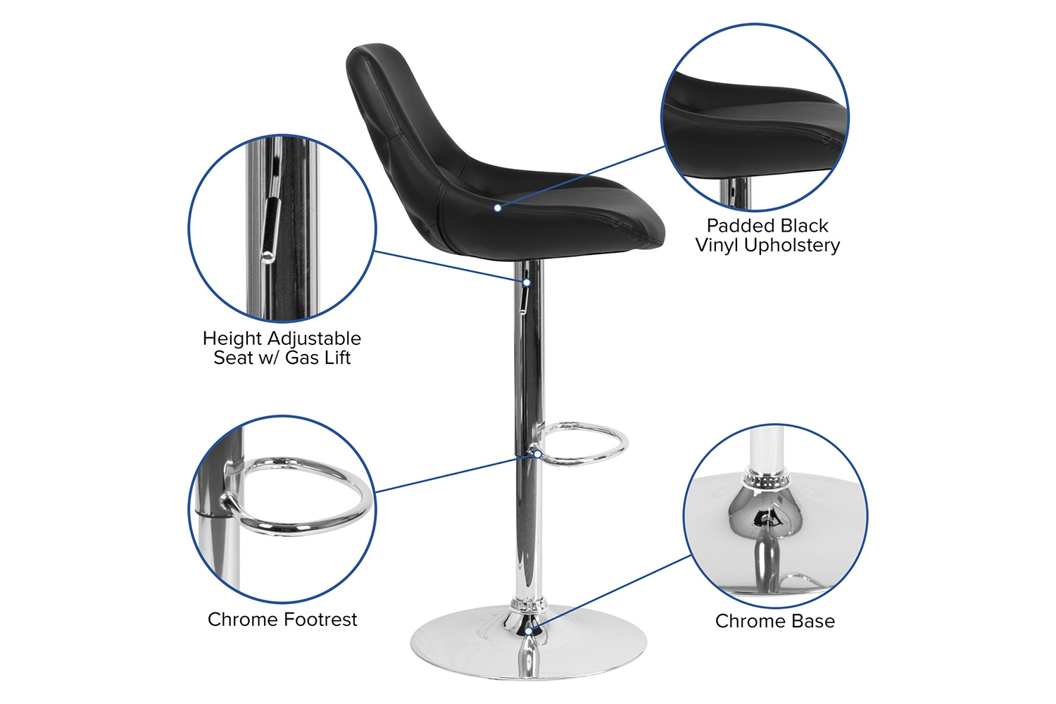 BLNK Contemporary Vinyl Adjustable Height Bar Stool with Chrome Base - Black