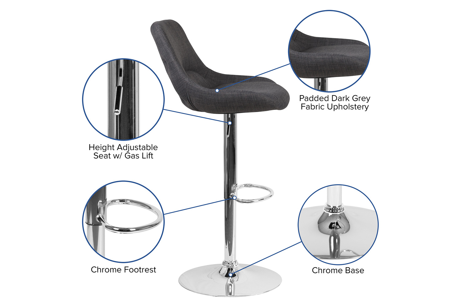 BLNK - Contemporary Fabric Adjustable Height Bar Stool with Chrome Base