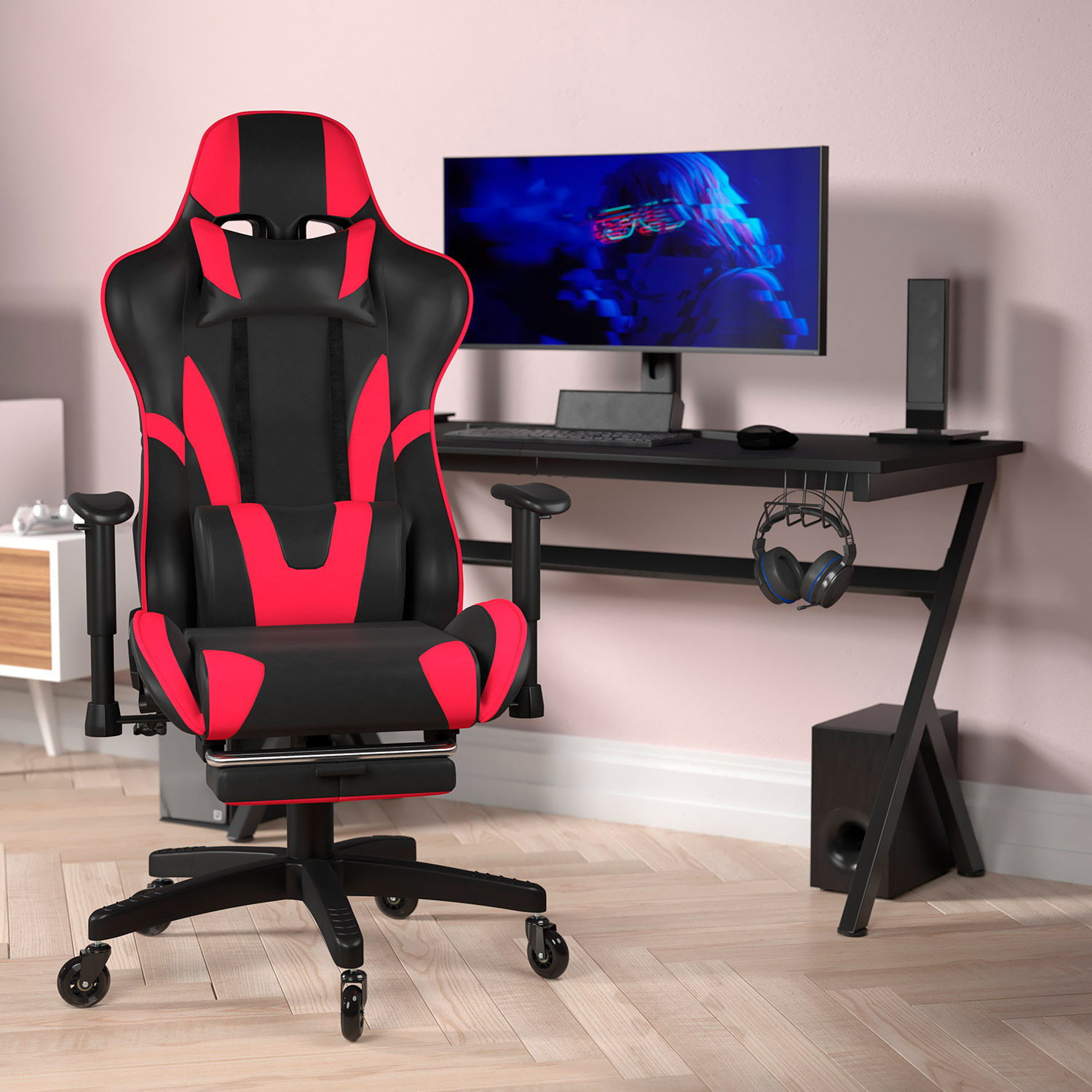 BLNK - X30 Gaming Racing Computer Chair with Reclining Back, Slide-Out Footrest, and Transparent Roller Wheels