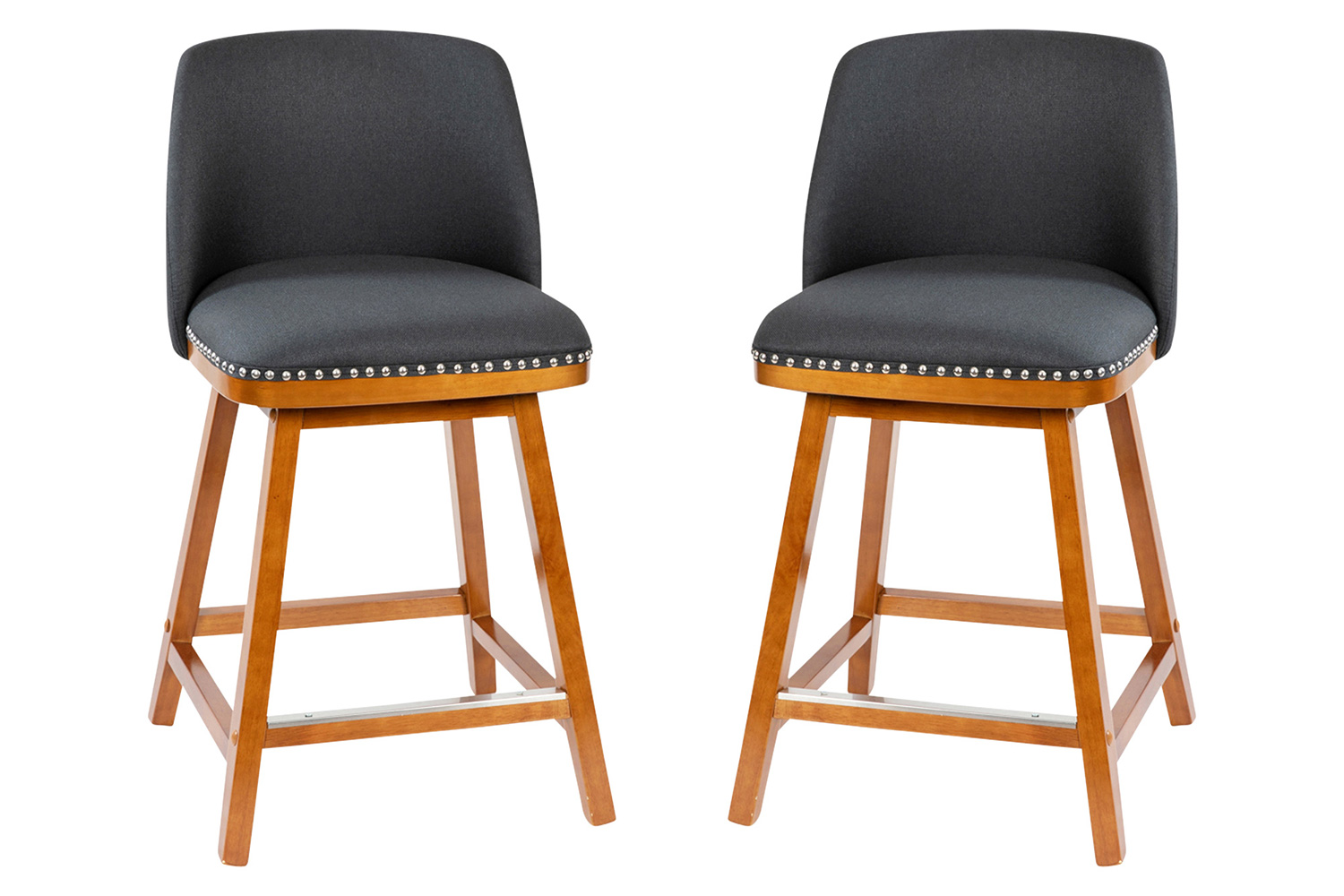 BLNK Julia Faux Linen Transitional Upholstered Counter Stools with Silver Nailhead Trim and Walnut Finish Solid Wood Frames Set of 2 - Charcoal