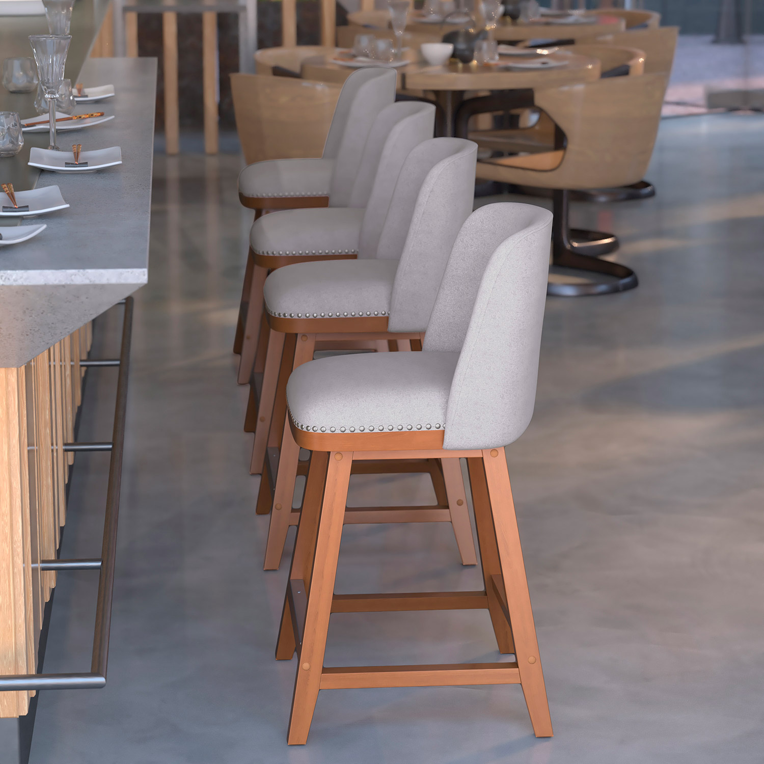 BLNK Julia Faux Linen Transitional Upholstered Counter Stools with Silver Nailhead Trim and Walnut Finish Solid Wood Frames Set of 2 - Gray