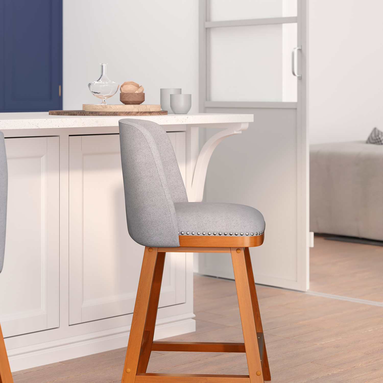 BLNK Julia Faux Linen Transitional Upholstered Counter Stools with Silver Nailhead Trim and Walnut Finish Solid Wood Frames Set of 2 - Gray