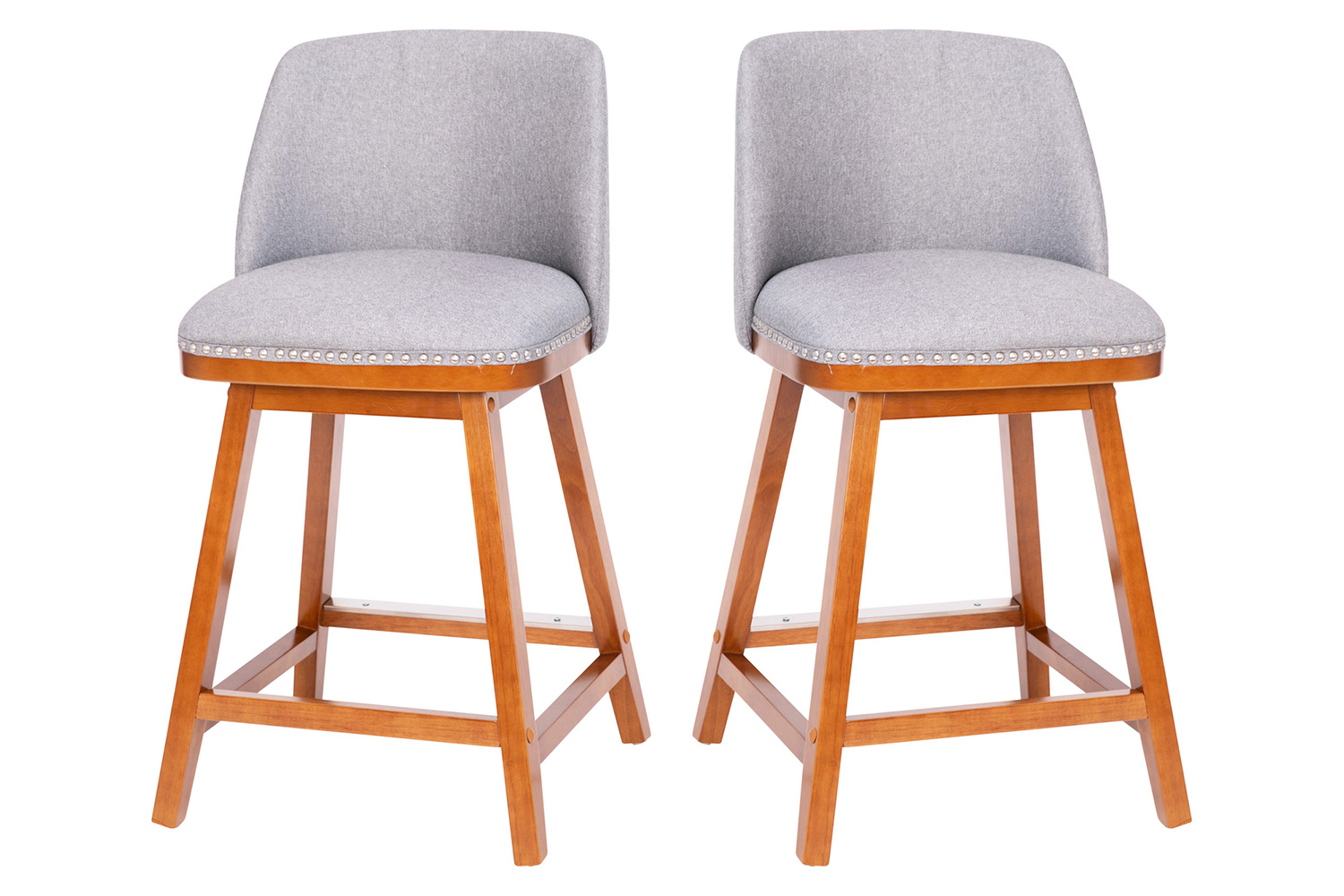 BLNK Julia Faux Linen Transitional Upholstered Counter Stools with Silver Nailhead Trim and Walnut Finish Solid Wood Frames Set of 2 - Gray