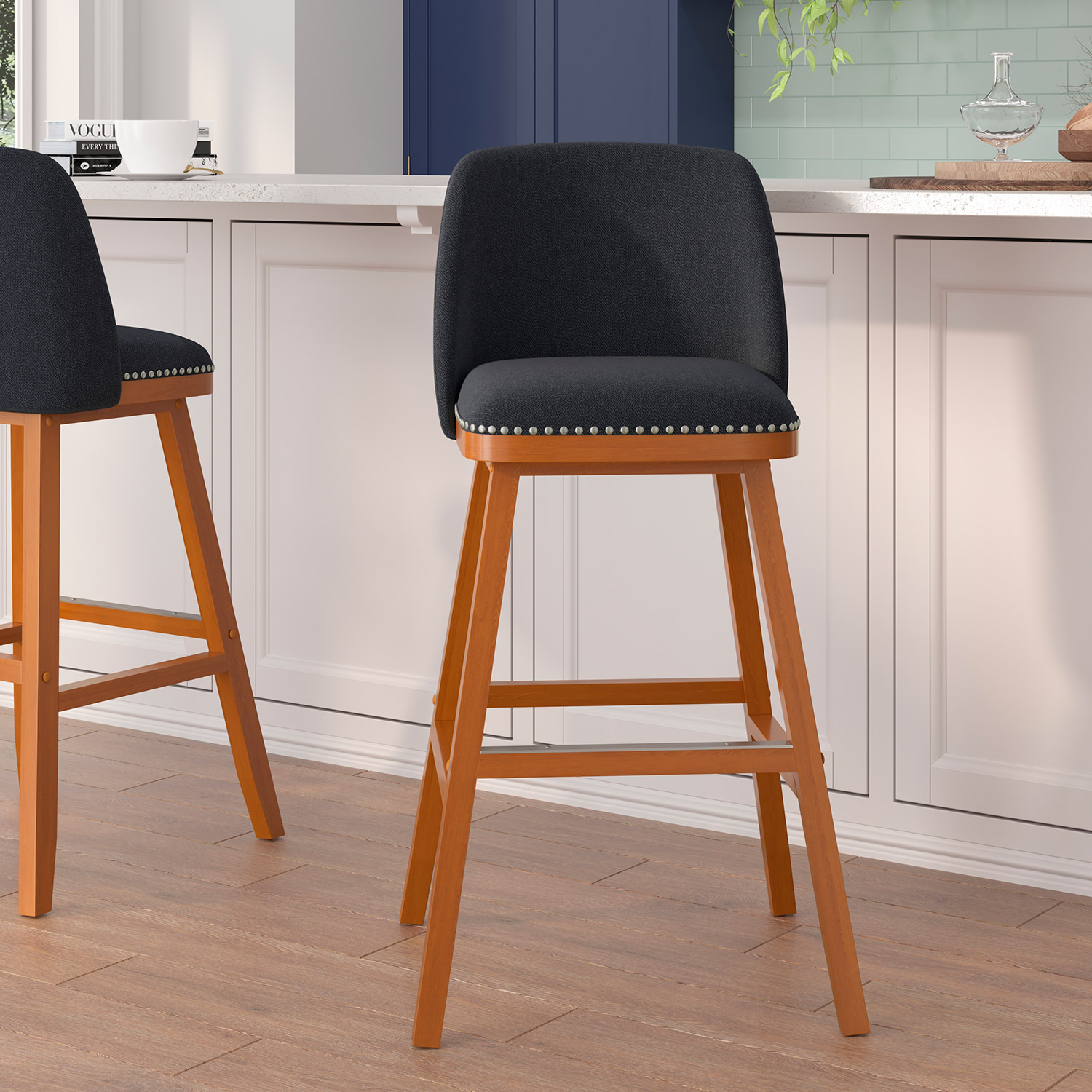BLNK - Julia Faux Linen Transitional Upholstered Bar Stools with Silver Nailhead Trim and Walnut Finish Solid Wood Frames Set of 2