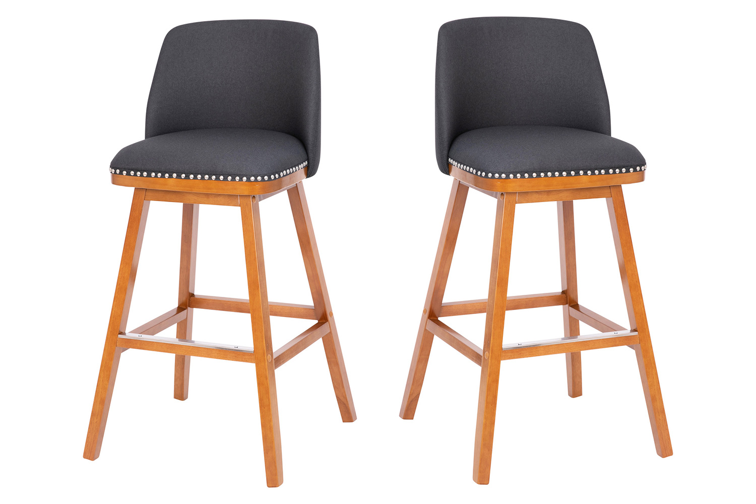 BLNK Julia Faux Linen Transitional Upholstered Bar Stools with Silver Nailhead Trim and Walnut Finish Solid Wood Frames Set of 2 - Charcoal