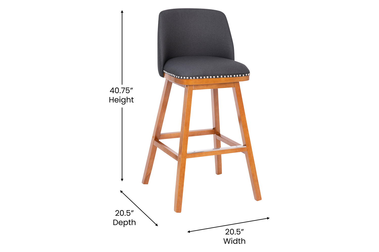 BLNK Julia Faux Linen Transitional Upholstered Bar Stools with Silver Nailhead Trim and Walnut Finish Solid Wood Frames Set of 2 - Charcoal