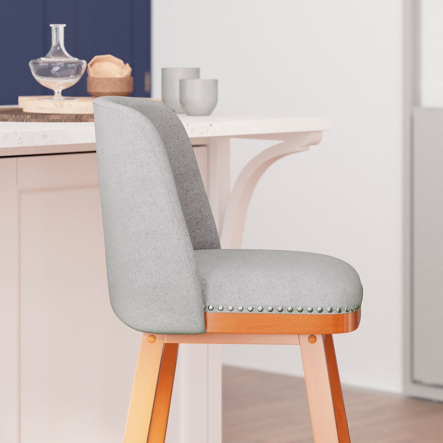 BLNK Julia Faux Linen Transitional Upholstered Bar Stools with Silver Nailhead Trim and Walnut Finish Solid Wood Frames Set of 2 - Gray