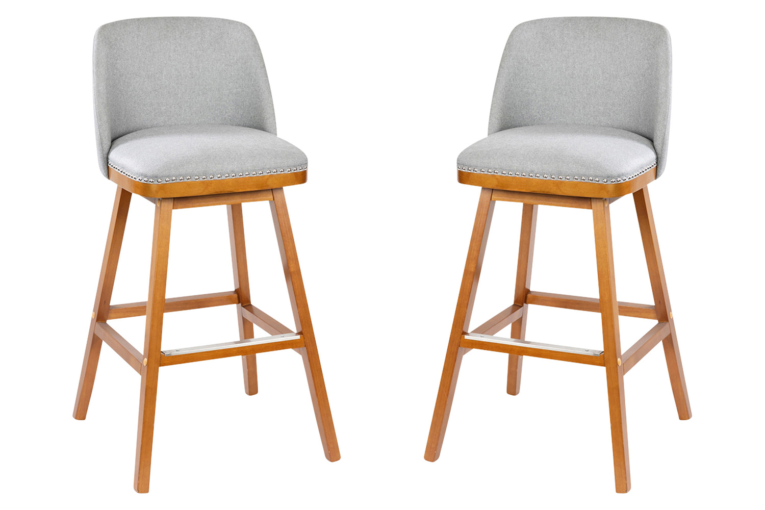 BLNK Julia Faux Linen Transitional Upholstered Bar Stools with Silver Nailhead Trim and Walnut Finish Solid Wood Frames Set of 2 - Gray