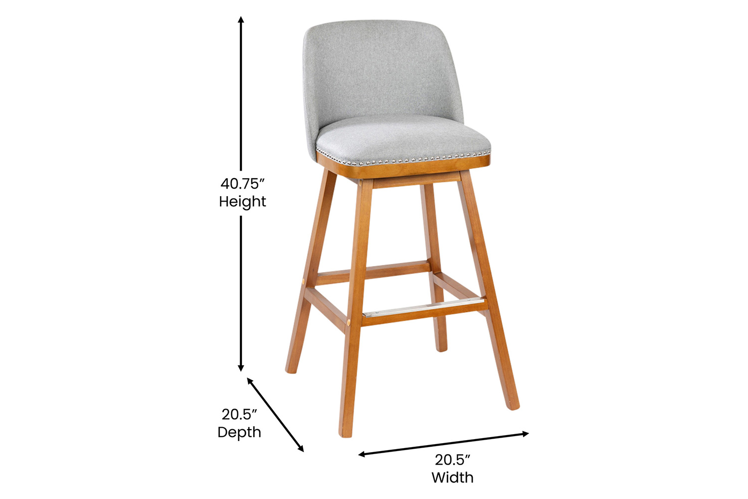 BLNK Julia Faux Linen Transitional Upholstered Bar Stools with Silver Nailhead Trim and Walnut Finish Solid Wood Frames Set of 2 - Gray