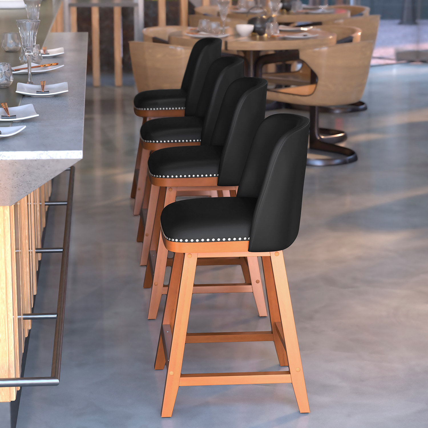 BLNK Julia LeatherSoft Transitional Upholstered Counter Stools with Silver Nailhead Trim and Walnut Finish Solid Wood Frames Set of 2 - Black
