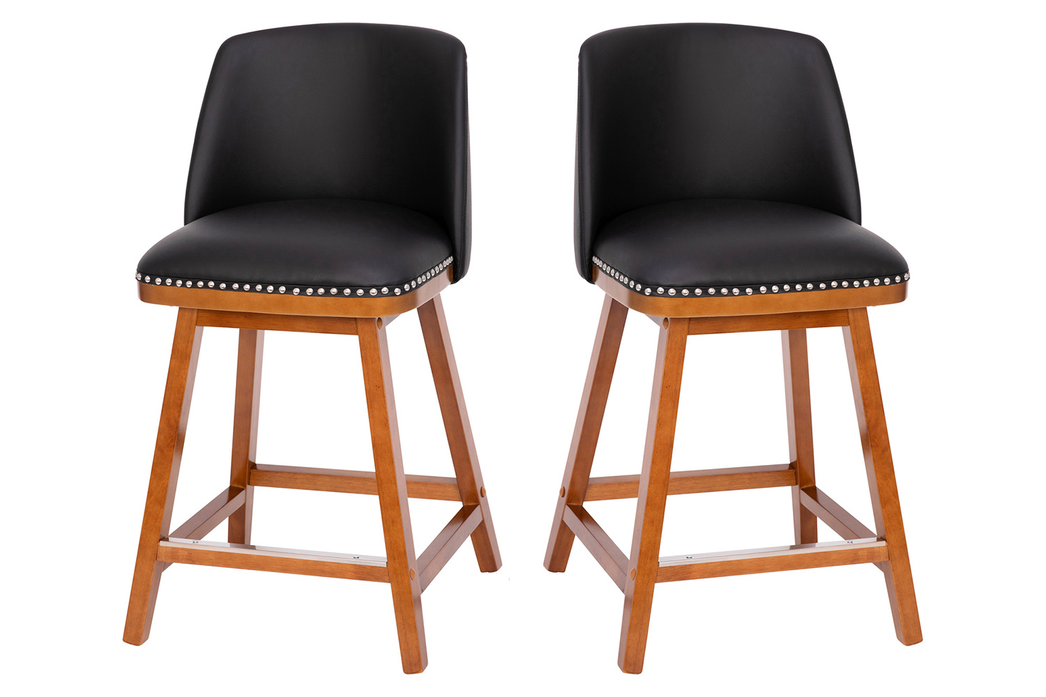 BLNK Julia LeatherSoft Transitional Upholstered Counter Stools with Silver Nailhead Trim and Walnut Finish Solid Wood Frames Set of 2 - Black