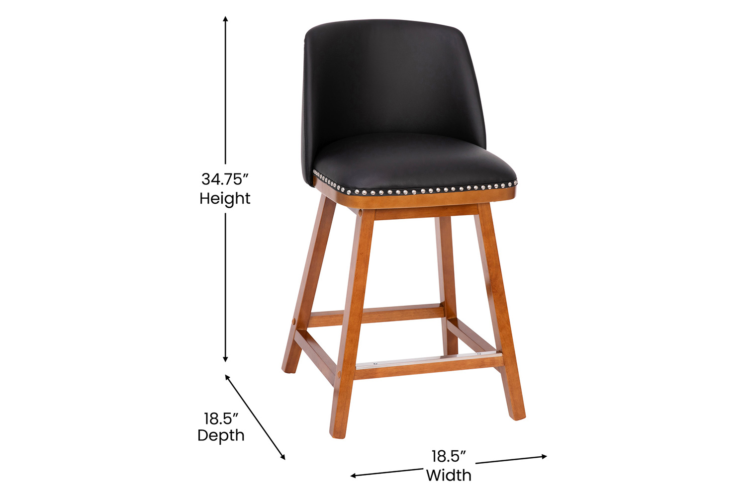 BLNK Julia LeatherSoft Transitional Upholstered Counter Stools with Silver Nailhead Trim and Walnut Finish Solid Wood Frames Set of 2 - Black
