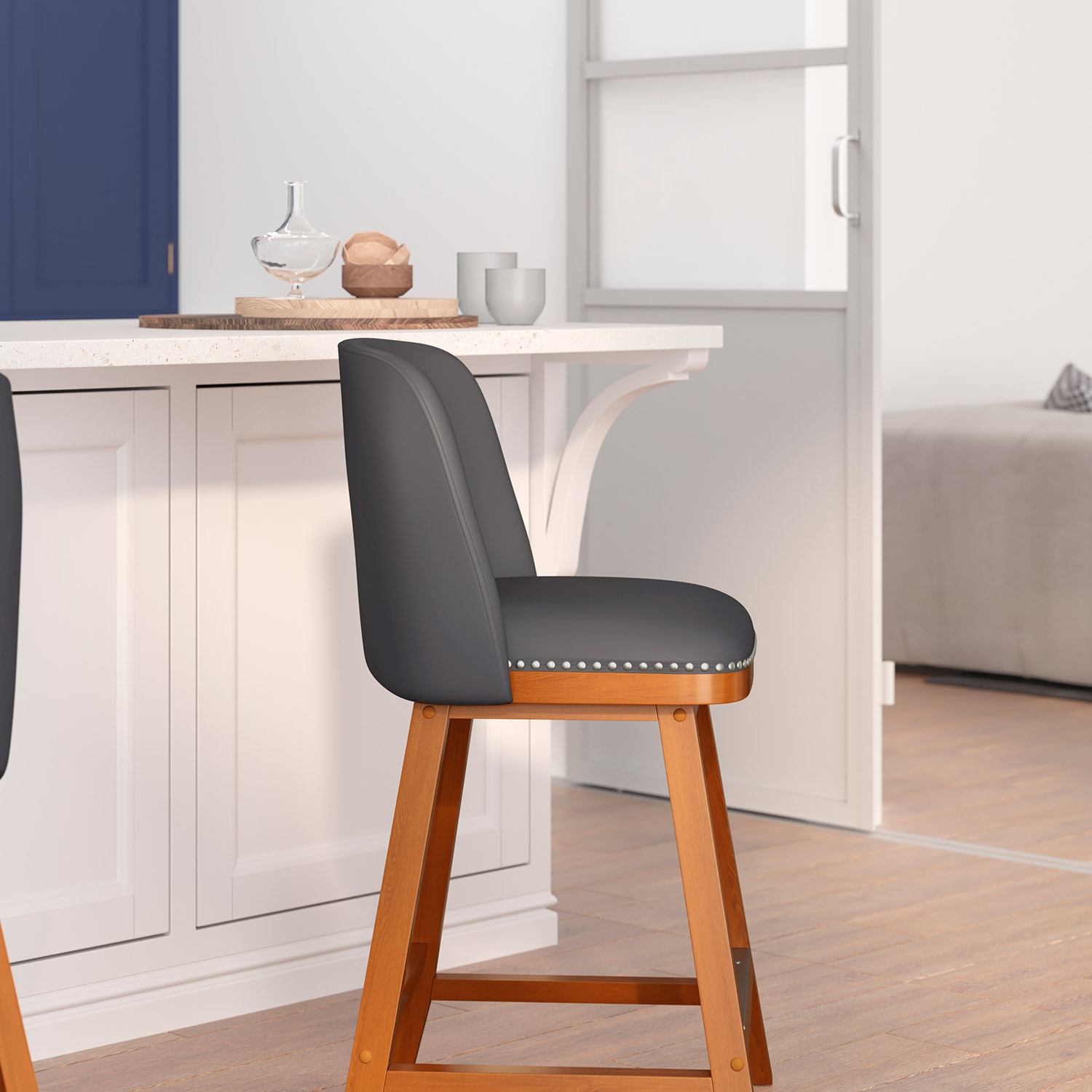 BLNK Julia LeatherSoft Transitional Upholstered Counter Stools with Silver Nailhead Trim and Walnut Finish Solid Wood Frames Set of 2 - Gray
