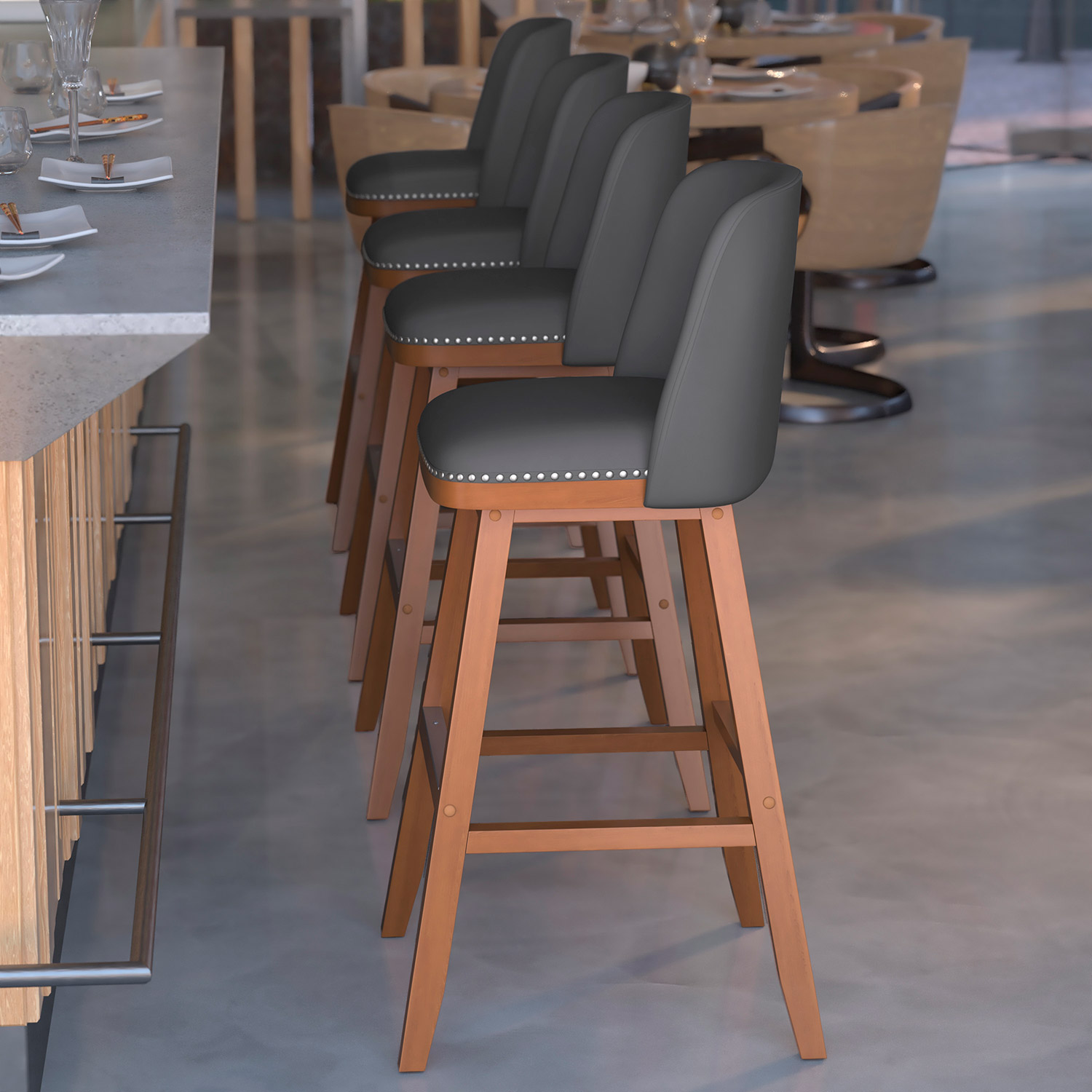 BLNK - Julia LeatherSoft Transitional Upholstered Bar Stools with Silver Nailhead Trim and Walnut Finish Solid Wood Frames Set of 2