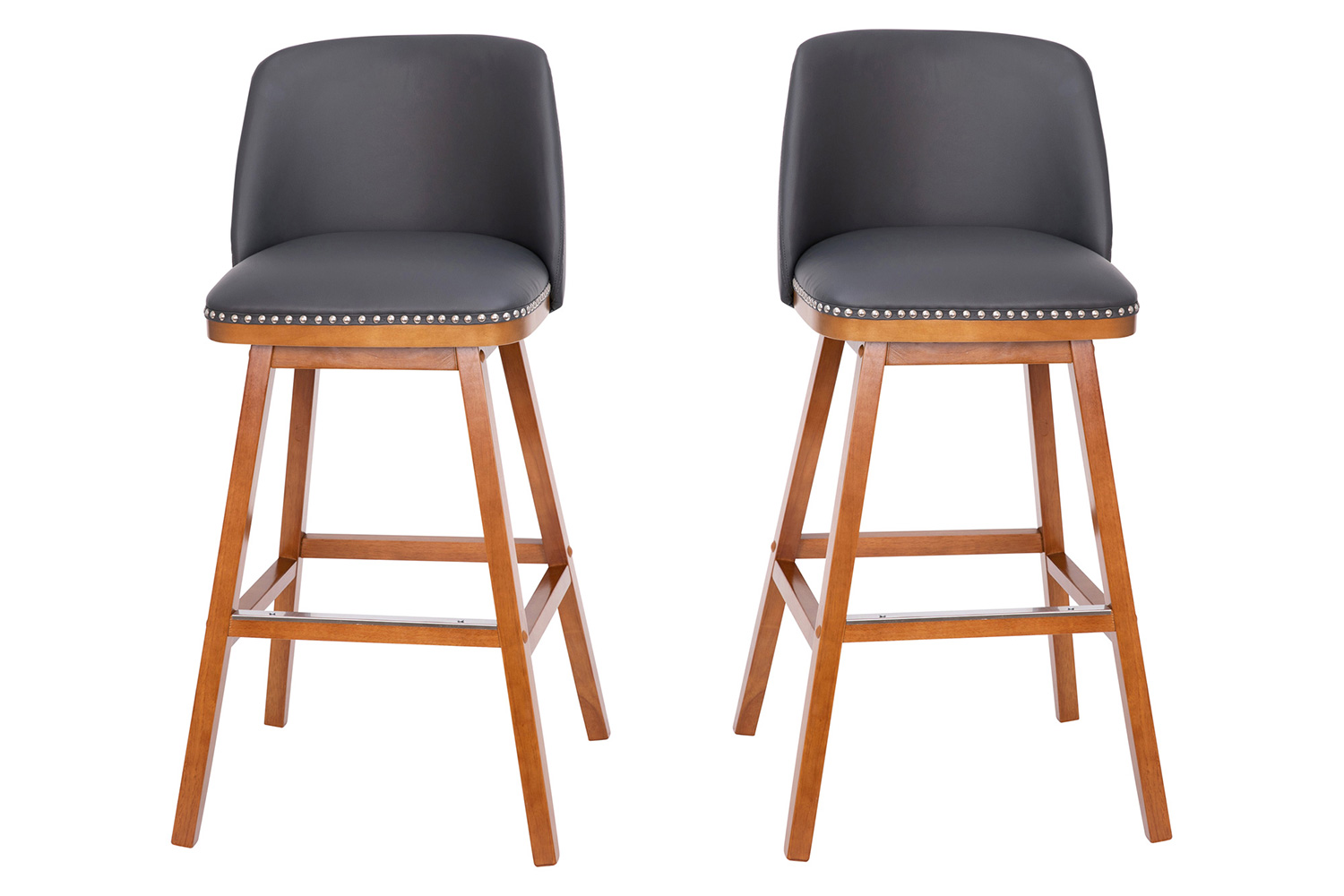 BLNK Julia LeatherSoft Transitional Upholstered Bar Stools with Silver Nailhead Trim and Walnut Finish Solid Wood Frames Set of 2 - Gray