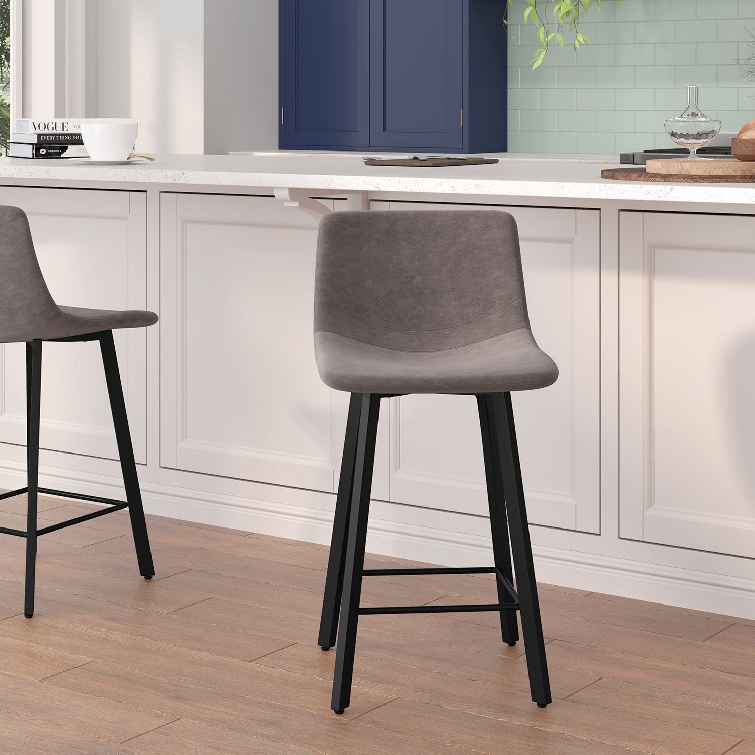 BLNK - Caleb Commercial LeatherSoft Armless Counter Height Stools with Footrests with Black Matte Metal Frames Set of 2