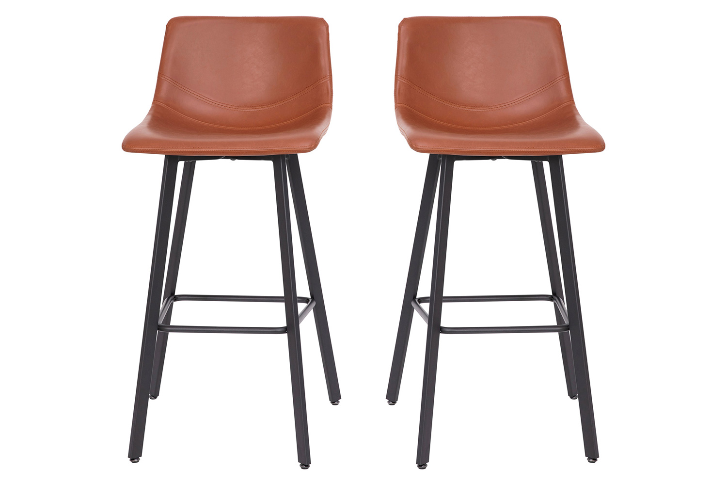 BLNK Caleb LeatherSoft Armless Bar Height Commercial Grade Bar Stools with Footrests and Black Matte Iron Frames Set of 2 - Cognac
