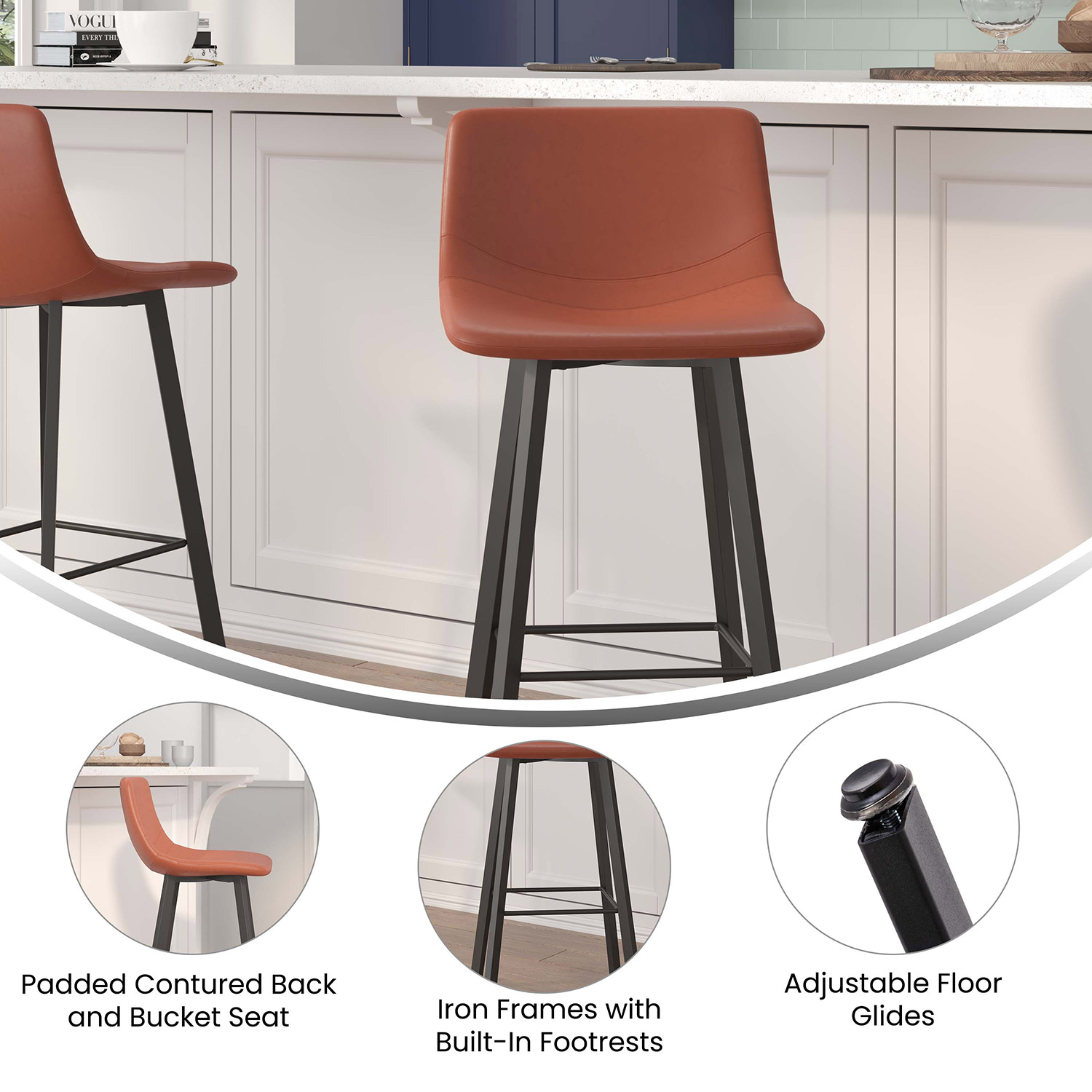 BLNK Caleb LeatherSoft Armless Bar Height Commercial Grade Bar Stools with Footrests and Black Matte Iron Frames Set of 2 - Cognac