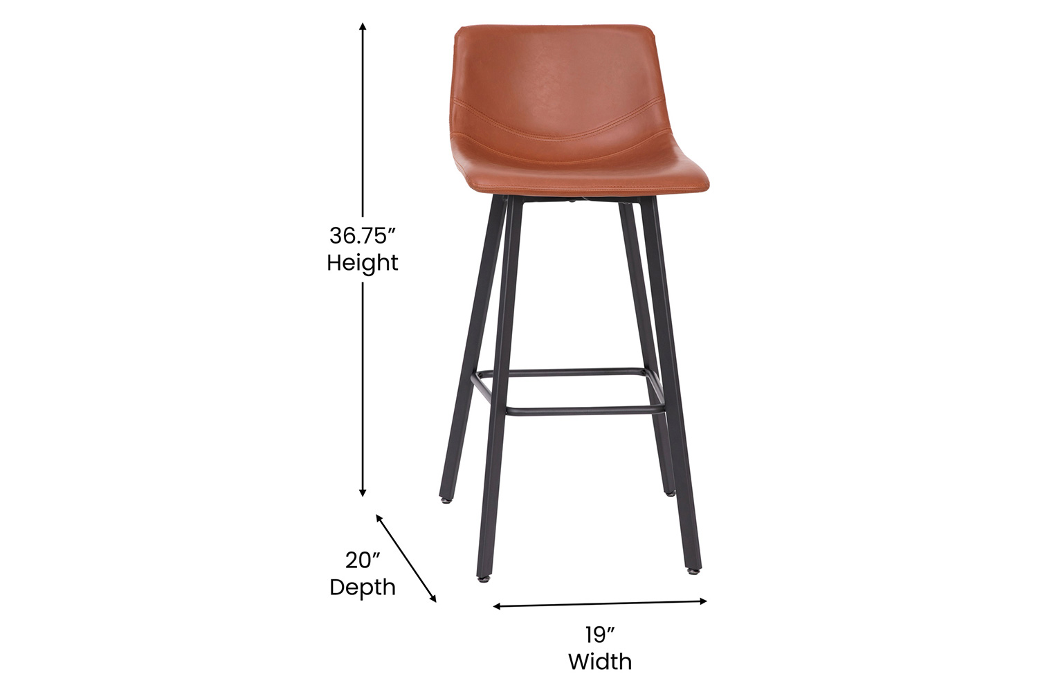 BLNK Caleb LeatherSoft Armless Bar Height Commercial Grade Bar Stools with Footrests and Black Matte Iron Frames Set of 2 - Cognac