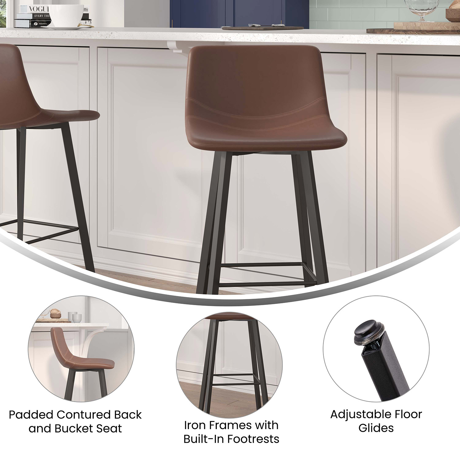 BLNK Caleb LeatherSoft Armless Bar Height Commercial Grade Bar Stools with Footrests and Black Matte Iron Frames Set of 2 - Chocolate Brown