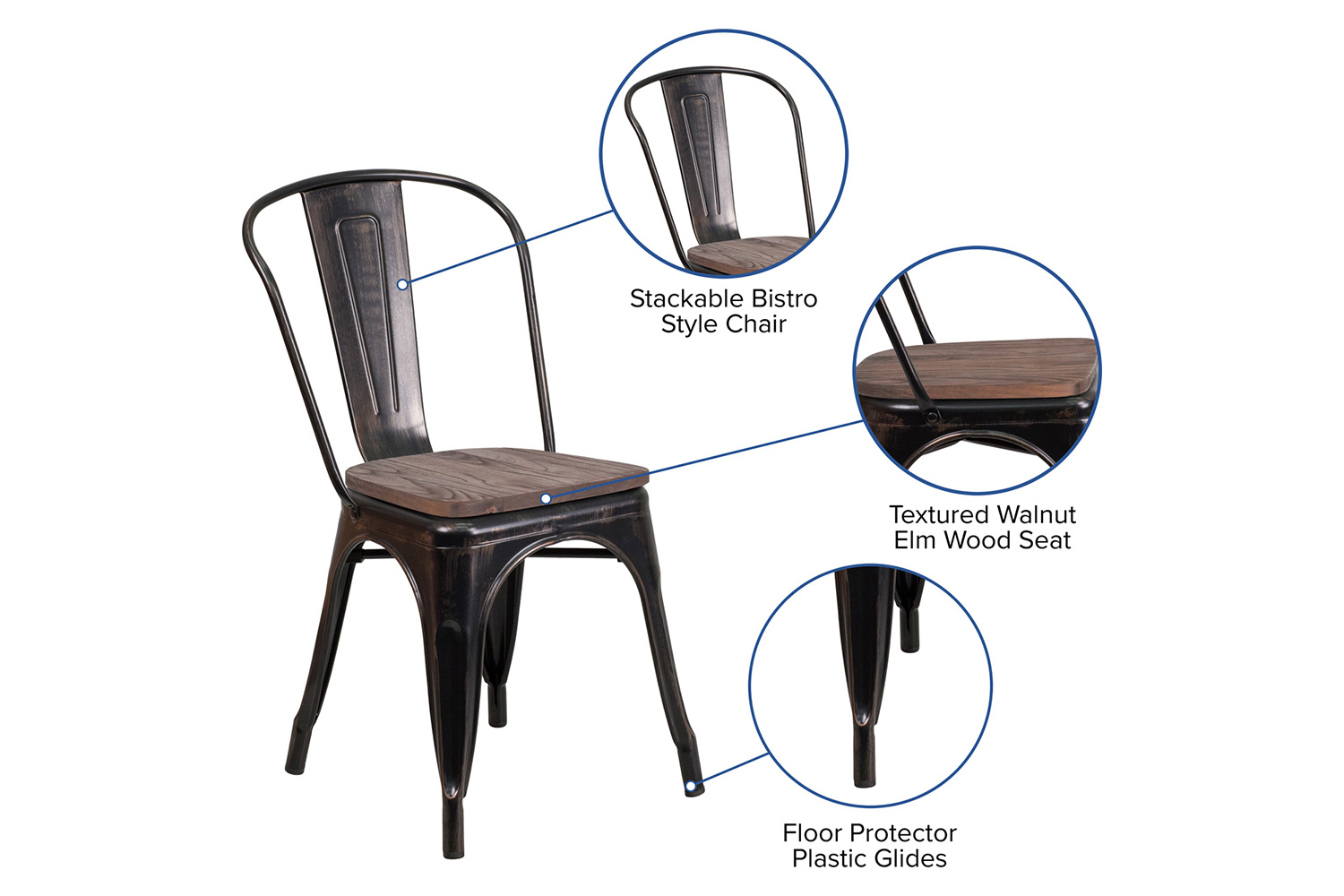 BLNK Perry Metal Stackable Chair with Wood Seat - Black/Antique Gold