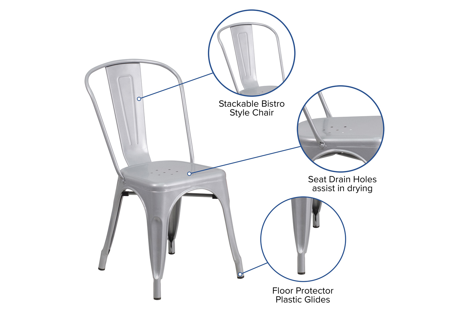 BLNK Perry Commercial Metal Indoor-Outdoor Stackable Chair - Silver