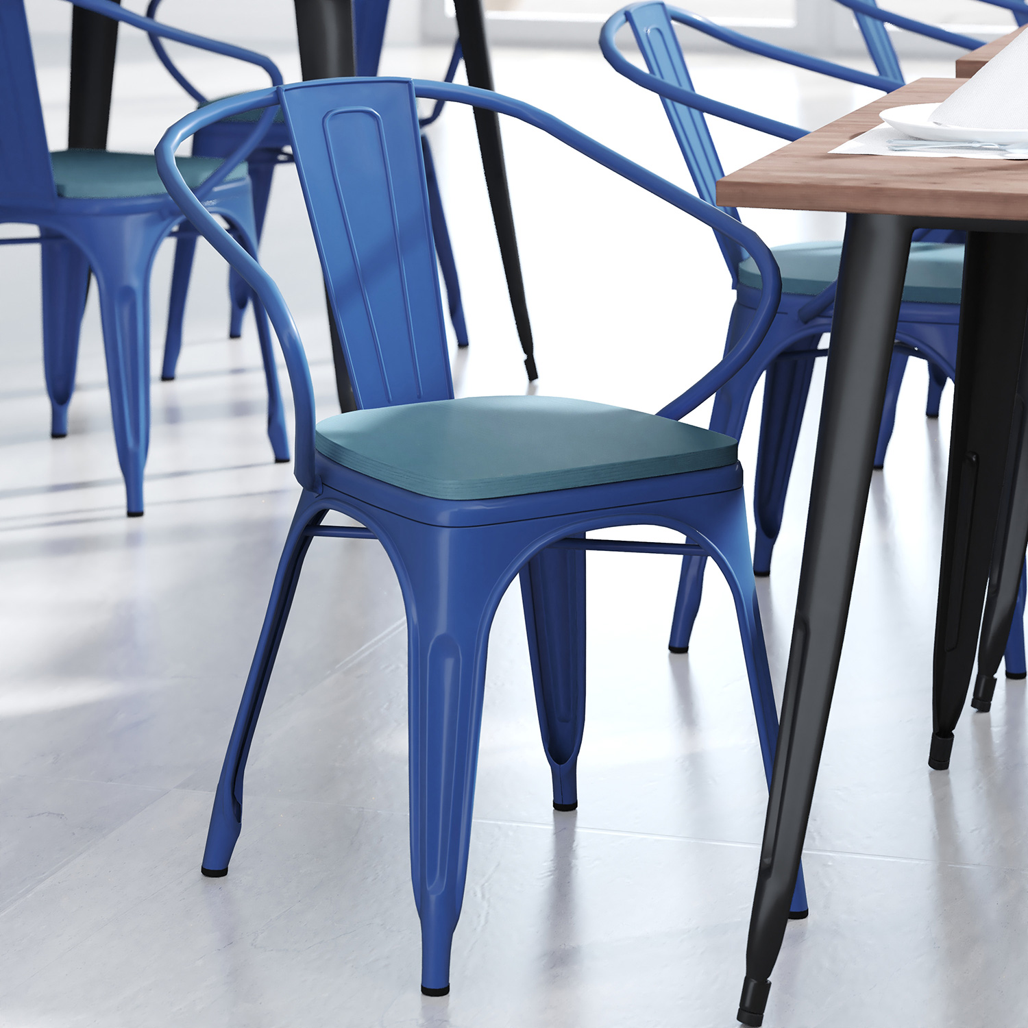 BLNK - Luna Commercial Metal Indoor-Outdoor Chair with Arms with Black Poly Resin Wood Seat