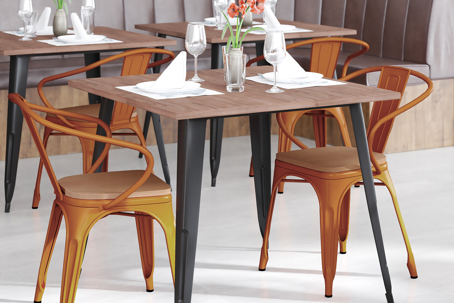 BLNK - Luna Commercial Metal Indoor-Outdoor Chair with Arms with Teak Poly Resin Wood Seat