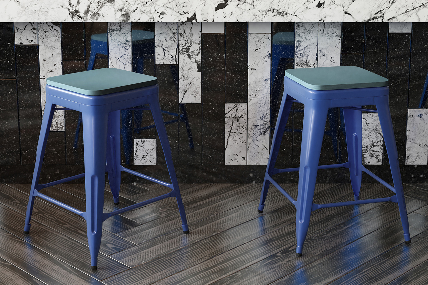 BLNK Kai Commercial Metal Backless Indoor-Outdoor Counter Height Stool with Poly Resin Wood Seat - Blue/Teal Blue