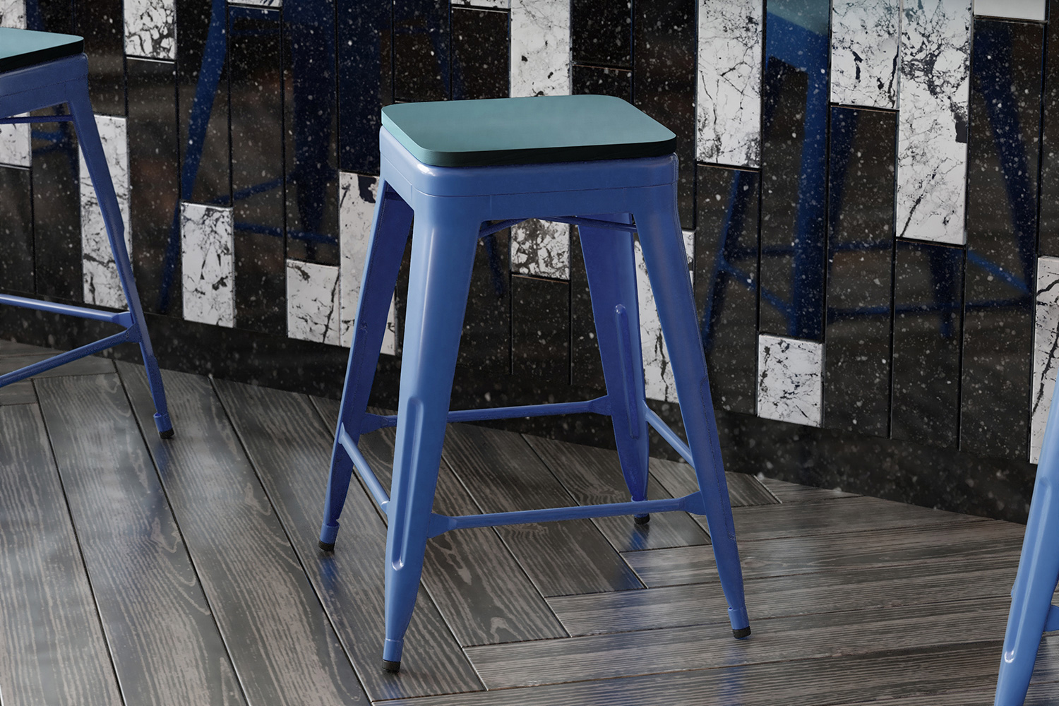 BLNK Kai Commercial Metal Backless Indoor-Outdoor Counter Height Stool with Poly Resin Wood Seat - Blue/Teal Blue