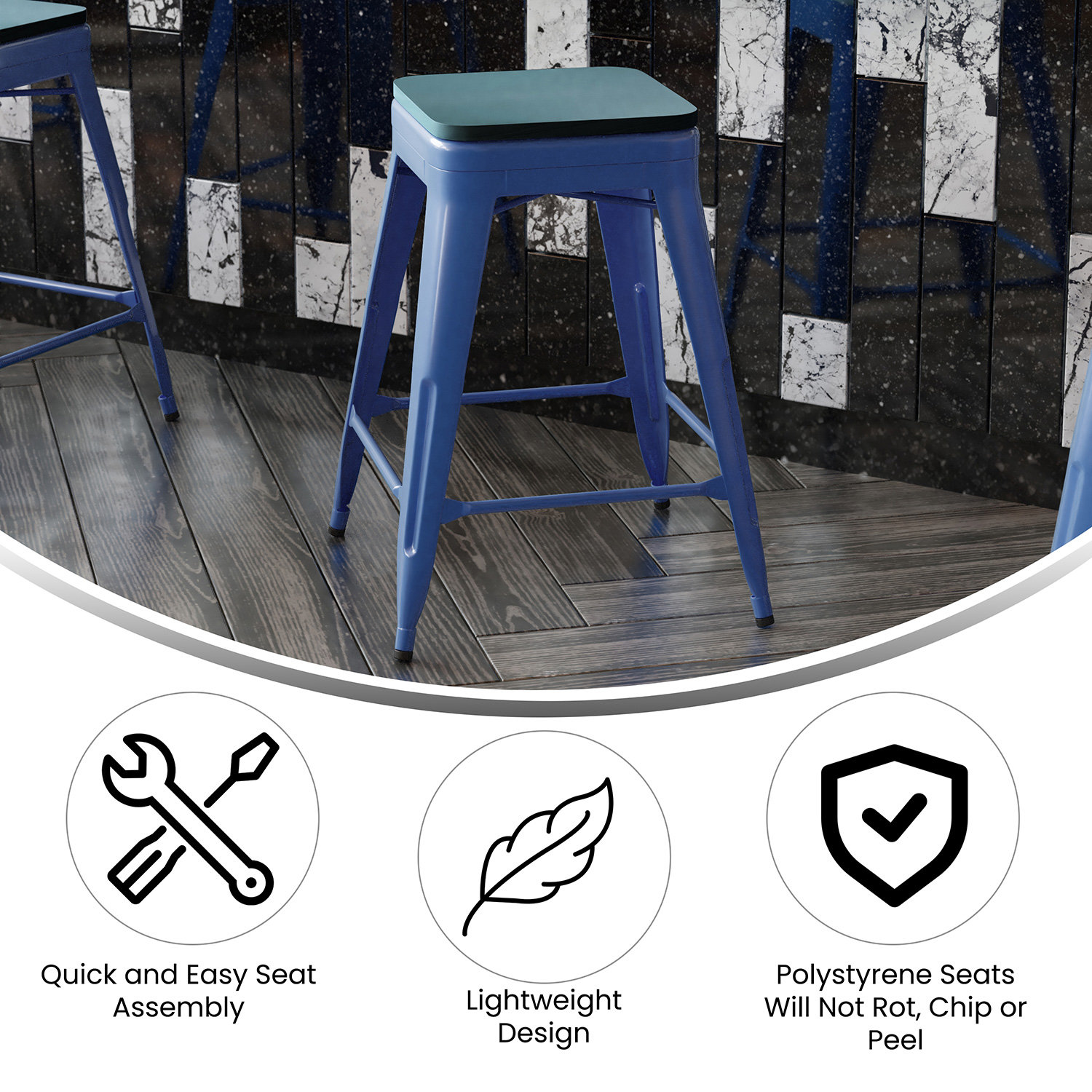 BLNK Kai Commercial Metal Backless Indoor-Outdoor Counter Height Stool with Poly Resin Wood Seat - Blue/Teal Blue