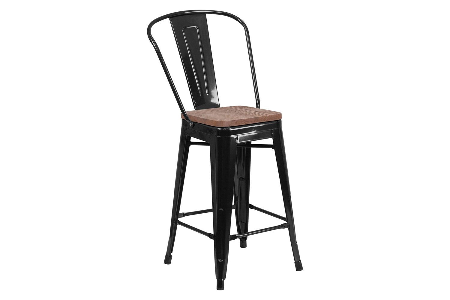 BLNK Lily Metal Counter Height Stool with Back and Wood Seat - Black