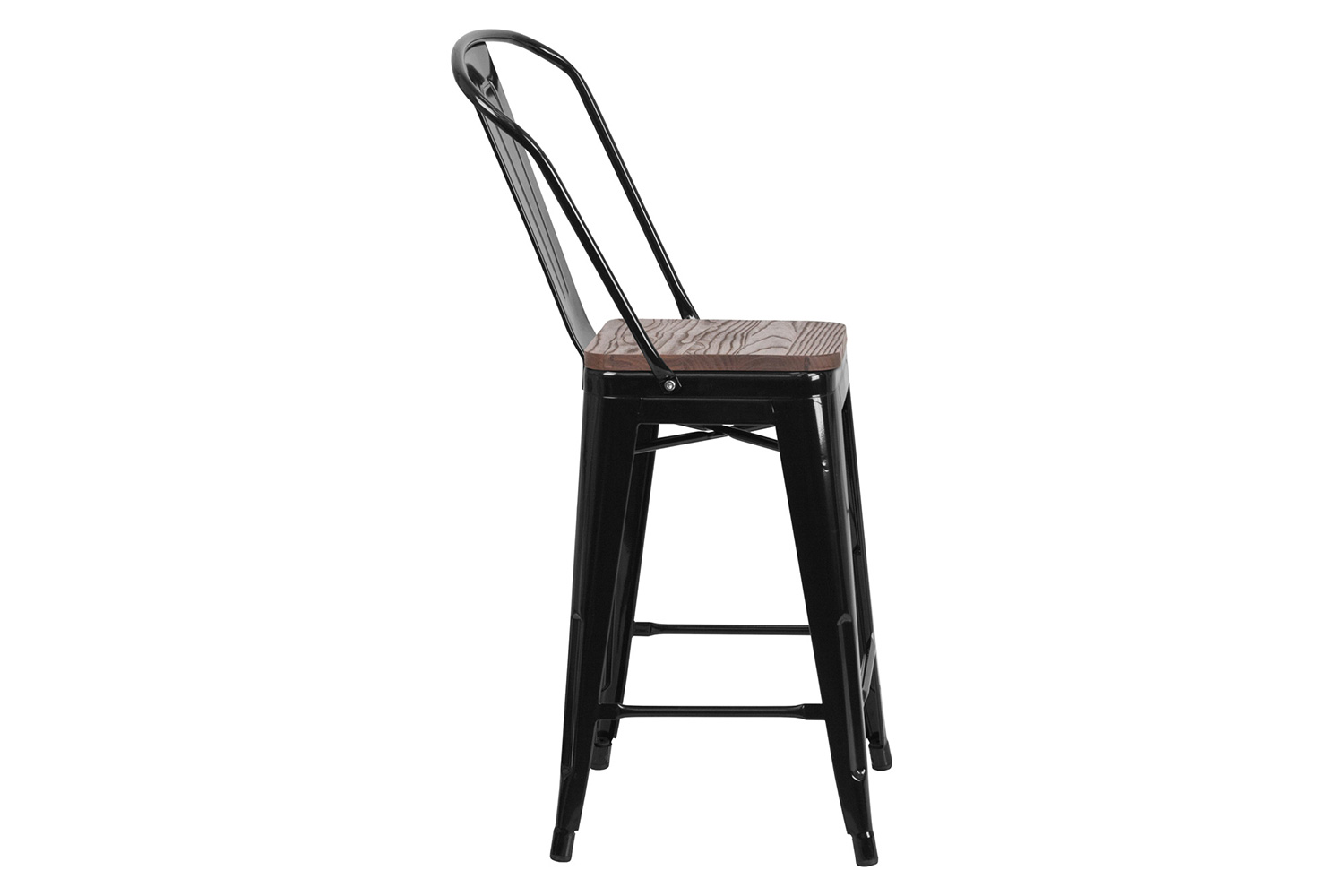 BLNK Lily Metal Counter Height Stool with Back and Wood Seat - Black