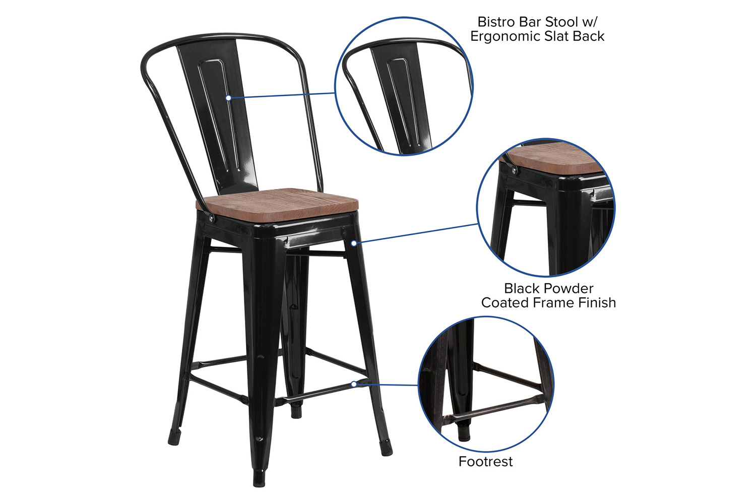 BLNK Lily Metal Counter Height Stool with Back and Wood Seat - Black