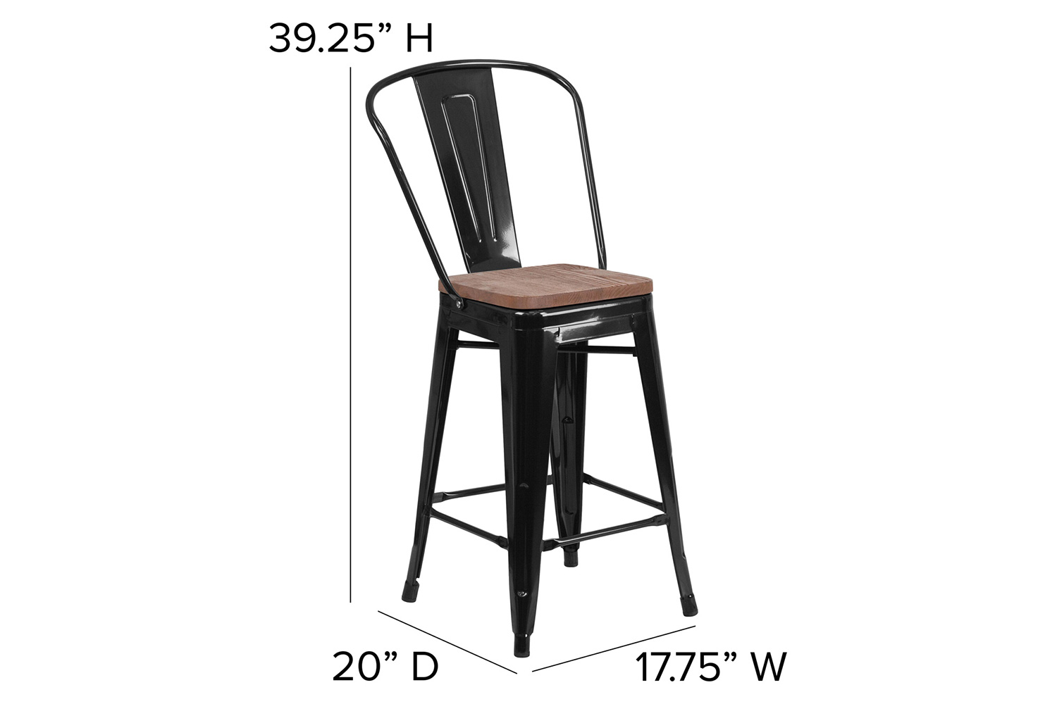 BLNK Lily Metal Counter Height Stool with Back and Wood Seat - Black