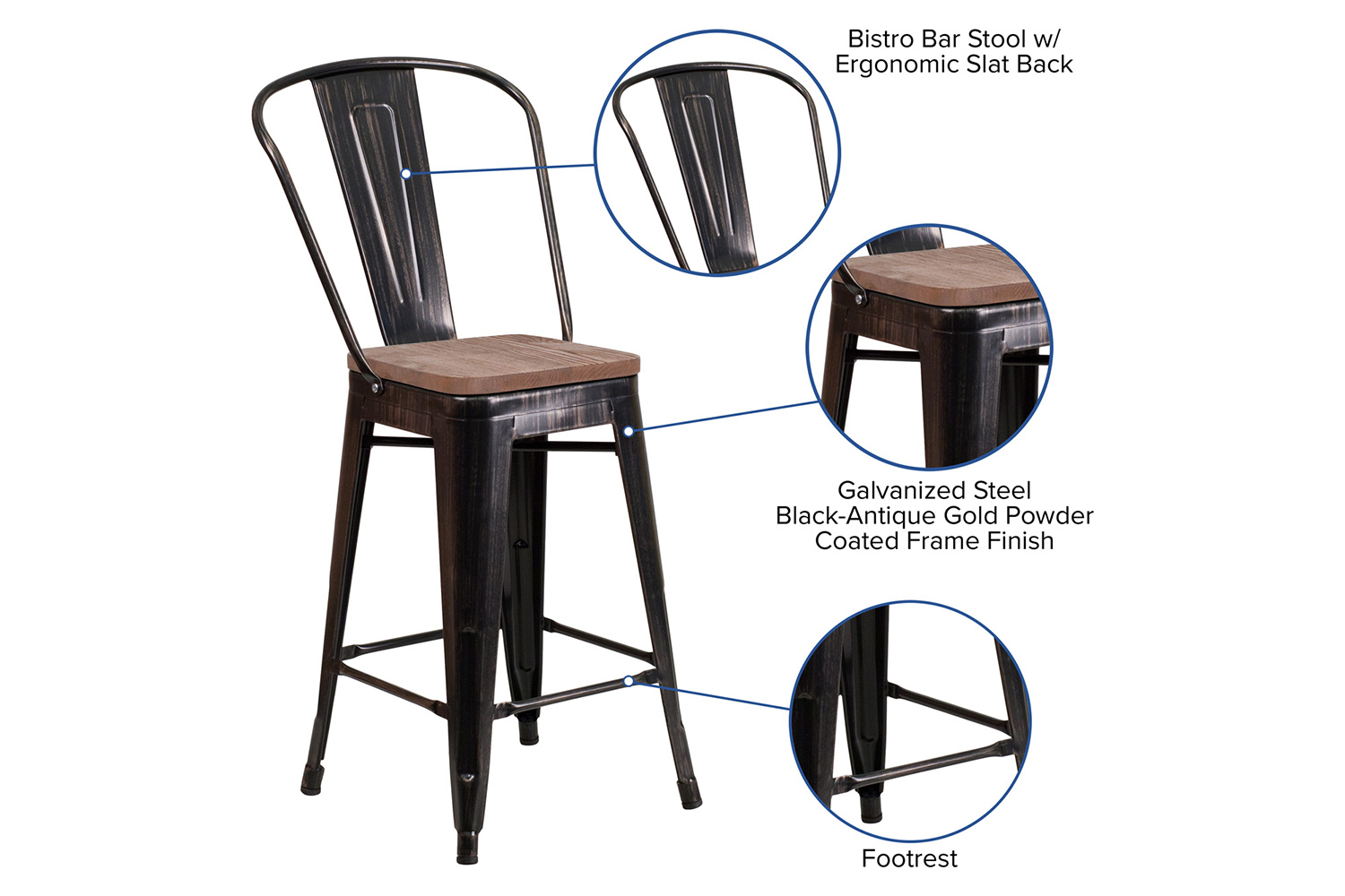 BLNK Lily Metal Counter Height Stool with Back and Wood Seat - Black/Antique Gold