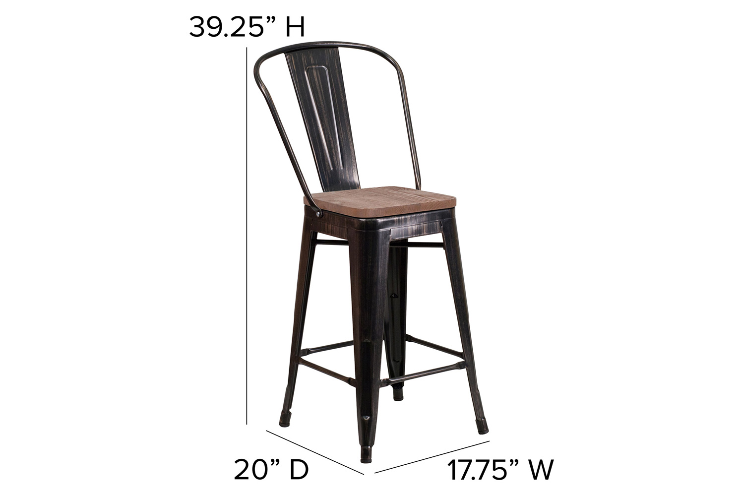 BLNK Lily Metal Counter Height Stool with Back and Wood Seat - Black/Antique Gold