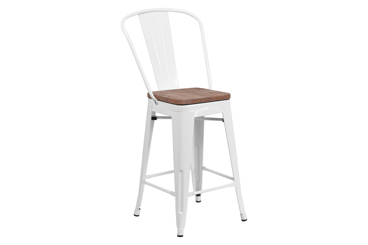 BLNK Lily Metal Counter Height Stool with Back and Wood Seat - White
