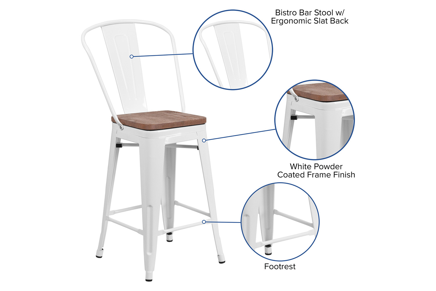 BLNK Lily Metal Counter Height Stool with Back and Wood Seat - White