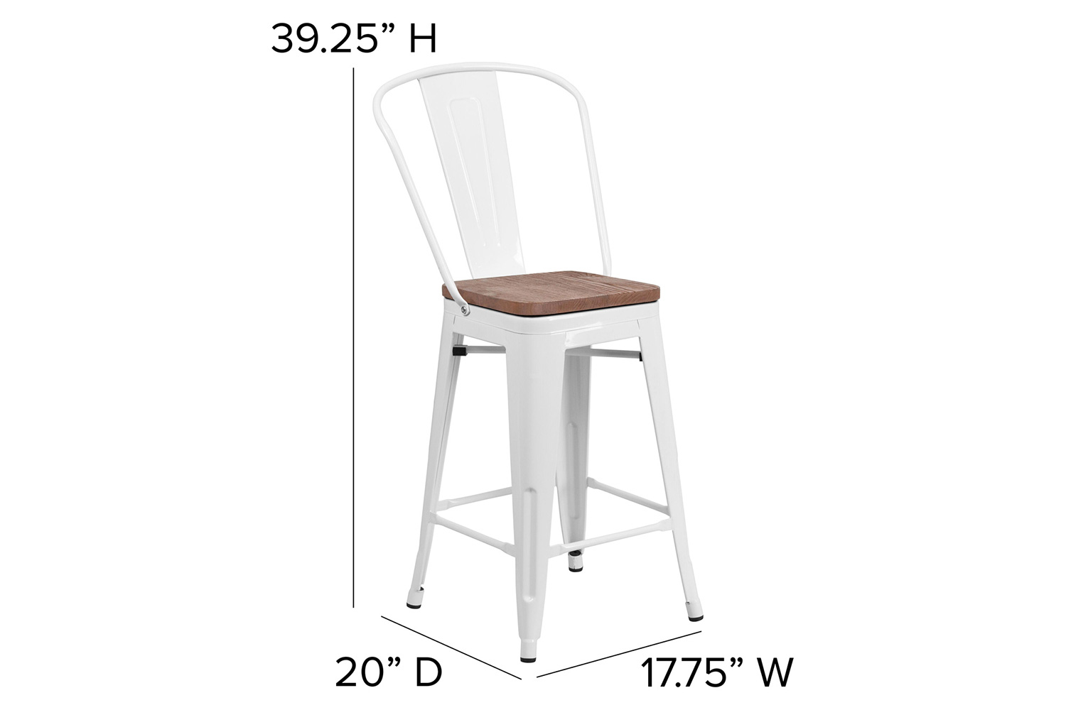 BLNK Lily Metal Counter Height Stool with Back and Wood Seat - White